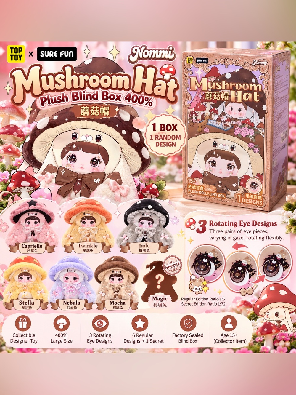 Nommi Mushroom Hat 400% Plush Blind Box Sealed 1pc Rotating Eyes 15+